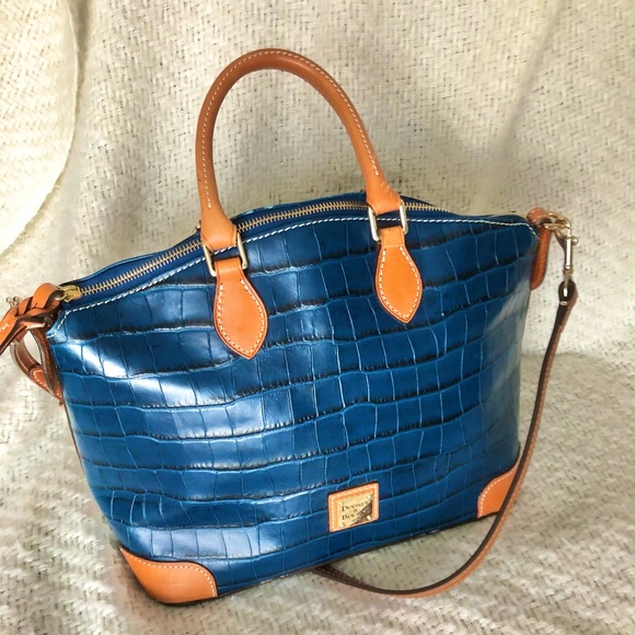 Dooney & Bourke Handbags - Dooney & Bourke Navy Croc Embossed Satchel with Tan Trim